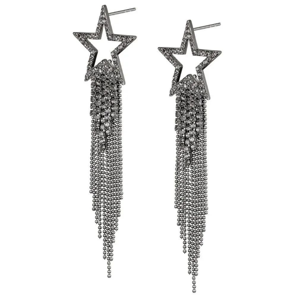 Black with Charcoal Gray Crystal Star Beaded Tassel Post Back Dangling Earrings